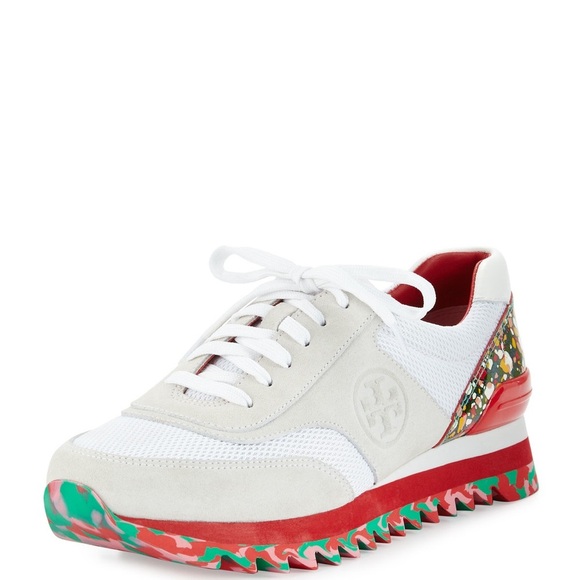 Tory Burch Festival Sawtooth Logo Trainer Sneaker suede cream red sz 8 - Picture 1 of 9